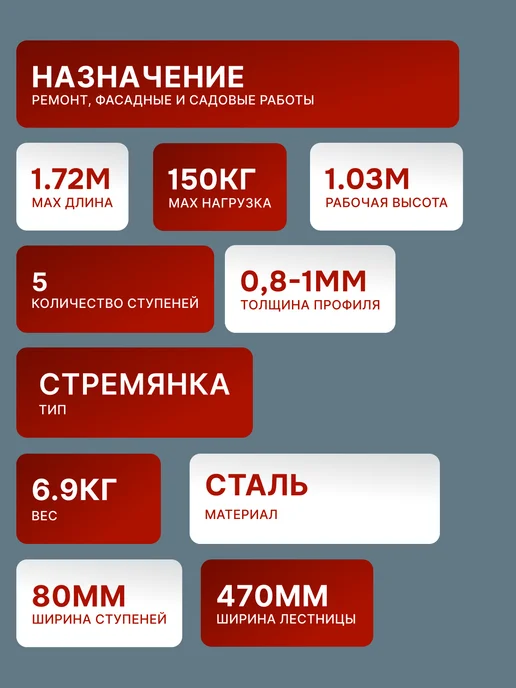 Стремянка 5 ступеней для дома складная стальная — фото 2