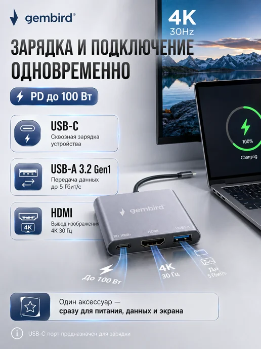 GEMBIRD Док-станция Type-C UHB-D2, 3в1, кабель 15 см, серый, фото 3