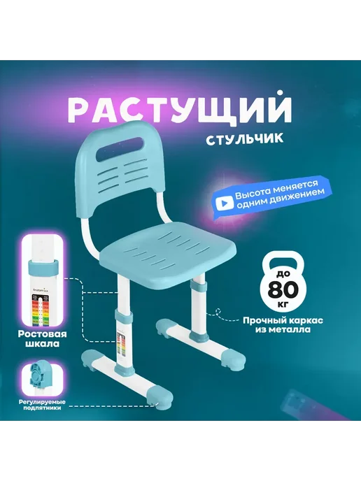 Комплект растущий стол и стул с лампой, голубой, фото 7
