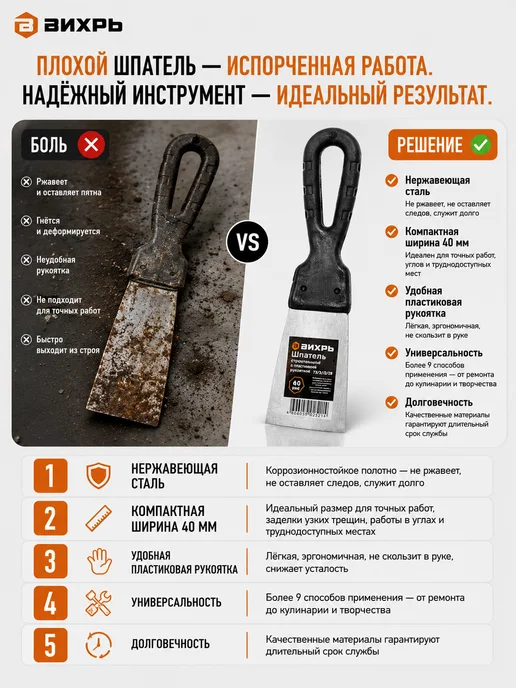 Шпатель строительный металлический для точных работ — фото 2
