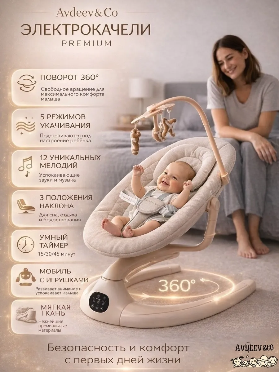 Электрокачели для новорожденных с 0, шезлонг с укачиванием