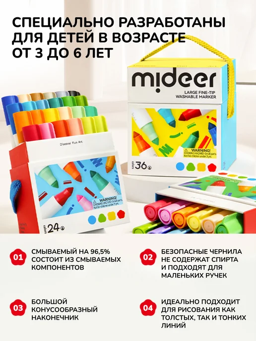 MiDeer Маркеры для рисования смываемые 24 цвета, 24 цв., фото 3