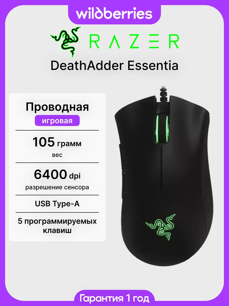 Razer Проводная игровая мышь DeathAdder Essential Black