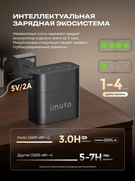 Imuto 8 аккумуляторных батареек AA 3600 mWh + зарядный кейс, 8 аккумуляторных батареек +, фото 6