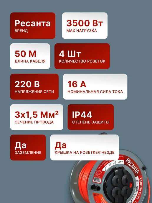 Удлинитель силовой на катушке 50 метров СУ-3x1,5-50/3 — фото 2