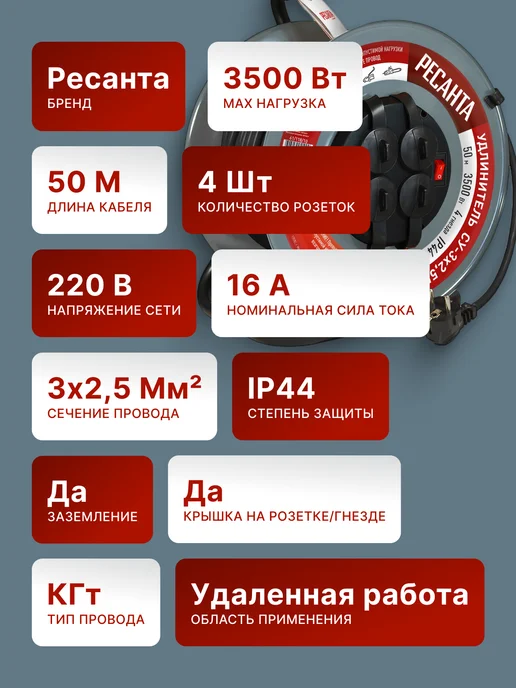 Удлинитель силовой на катушке 50 метров СУ-3x2,5КГ-50/3 — фото 2