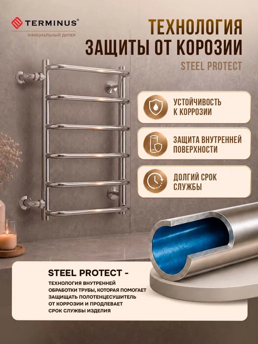 TERMINUS Полотенцесушитель Стандарт П6 500х600 бп500 водяной, 500x600, фото 4