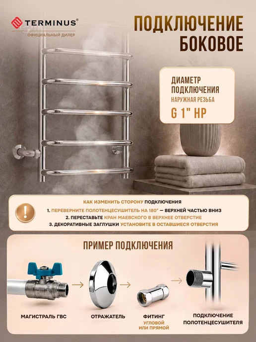 TERMINUS Полотенцесушитель Стандарт П6 500х600 бп500 водяной, 500x600, фото 5