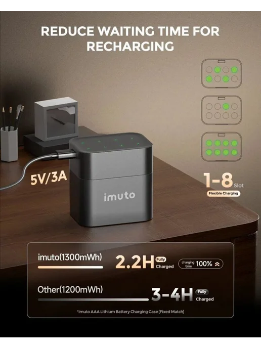 Imuto 8 аккумуляторных батареек AAA 1300 mWh + зарядный кейс, вариант, фото 3