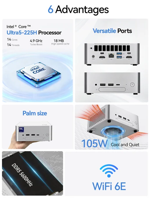 BRENUC Мини-ПК Intel Core Ultra 5 225H Barebone, без ОЗУ и SSD, белый, фото 7
