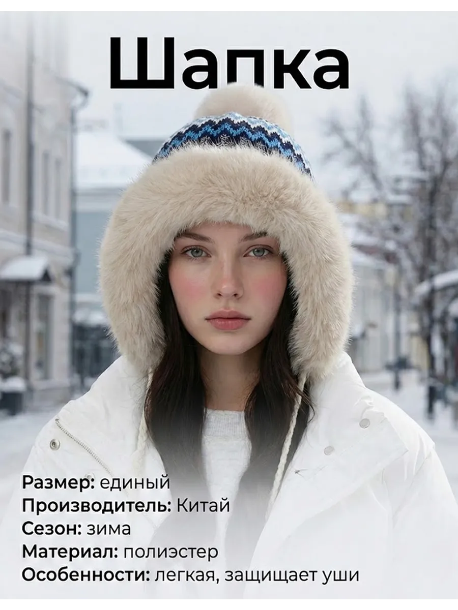 Женская зимняя меховая шапка с наушниками
