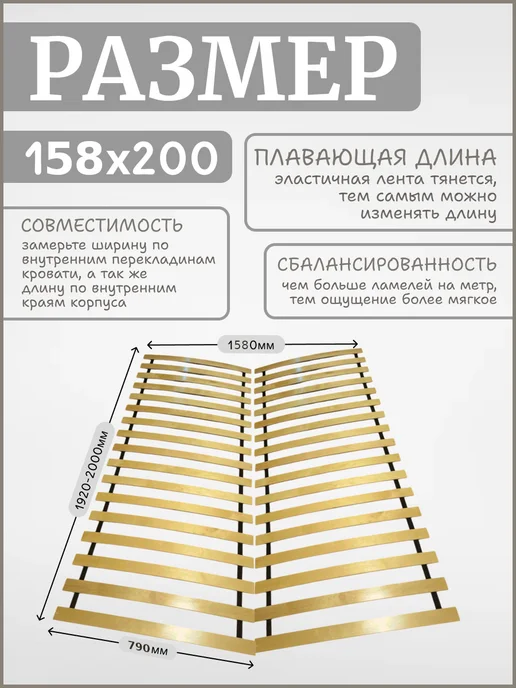 Реечное дно основание для кровати "ЛамельСон", 80х190 см, 158x200 см, фото 2
