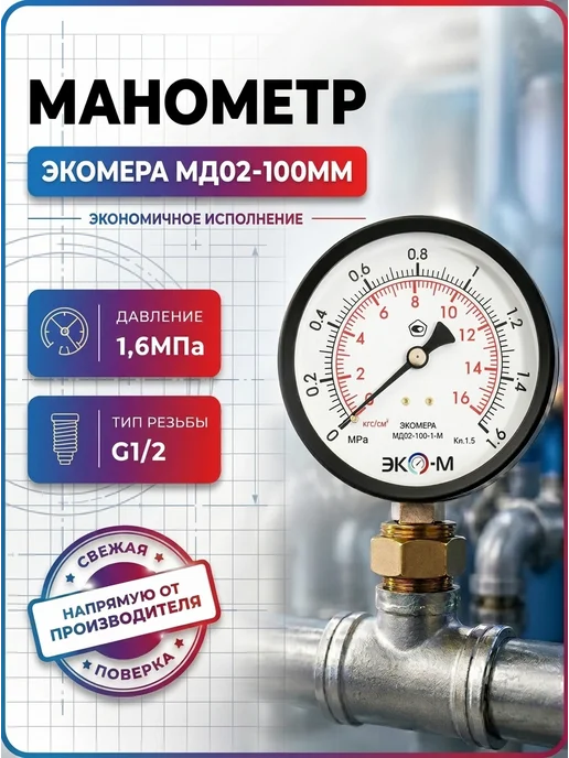 ЭКОМЕРА Манометр для воды МД02-100мм 1,6 МПа G1 2, черный