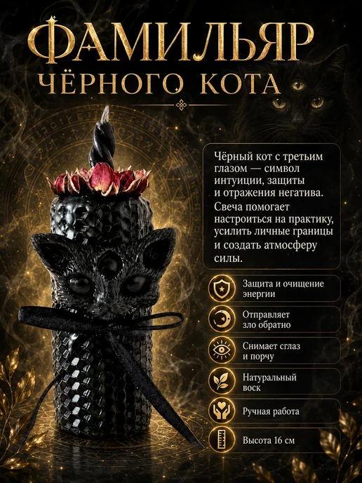 Крымский Знахарь Магическая свеча Черный кот на защиту от негатива, черный, фото 2