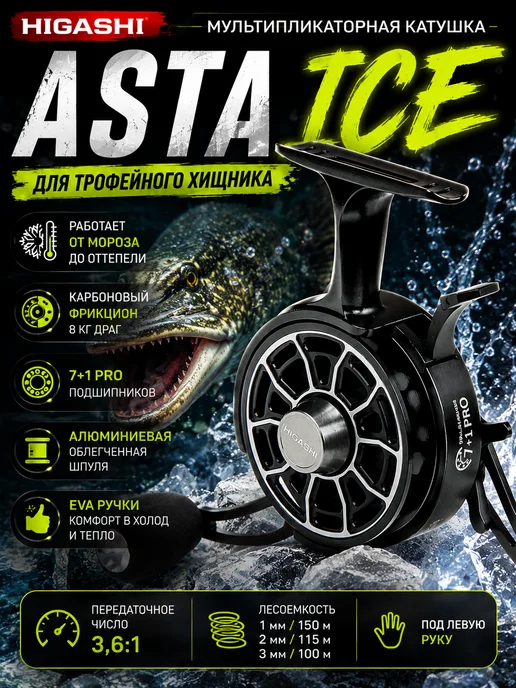 Higashi Зимняя мультипликаторная катушка Asta Ice Left для рыбалки, черный