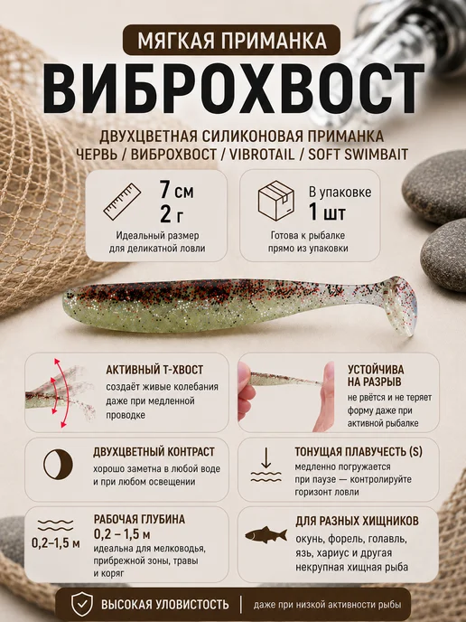 Нет бренда Виброхвост силиконовая приманка Червь на окуня 5.5см, 1.2г, 7см, 2 г, фото 2