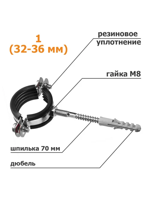DELRUS хомут сантехнический 1 дюйм (32-36мм) для труб, к-т 2 шт, 2 шт, фото 2