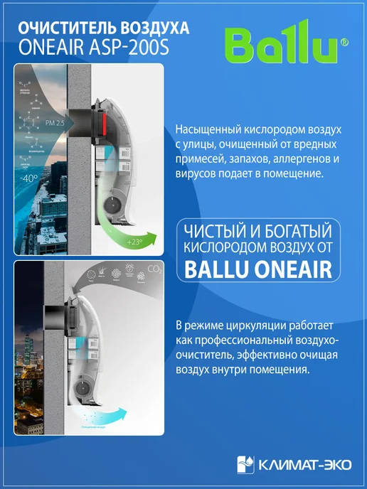 Ballu Бризер ONEAIR ASP-200SPW + нагревательный элемент, белый, фото 2