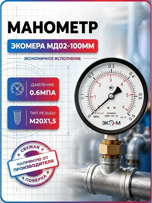 ЭКОМЕРА Манометр общетехнический 100мм 0.0,6 МПа М20*1,5, 20x1.5