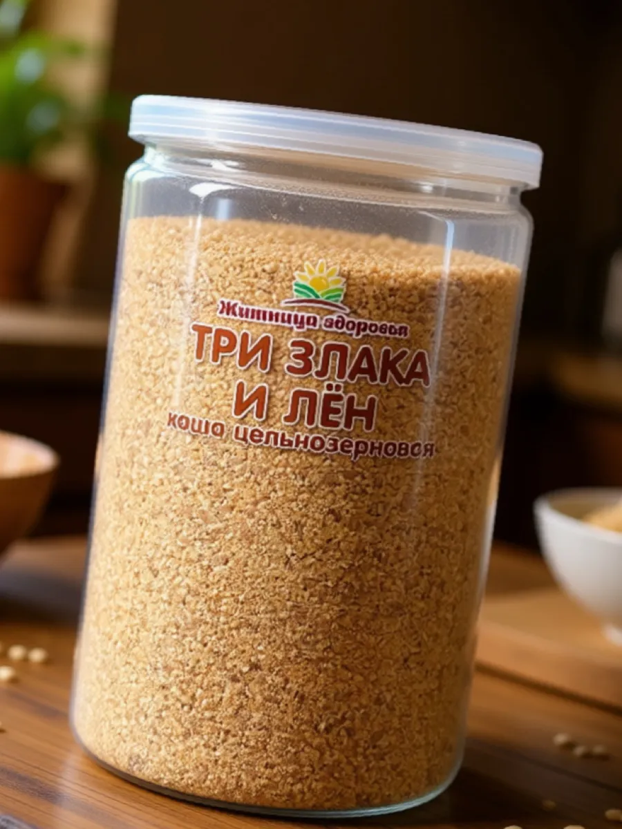 Каша "Три злака и лен" 800 г. цельнозерновая в банке.