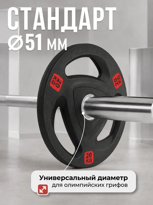 VictoryFit Блин для штанги гантелей грифа обрезиненные 15 кг. 51мм, 20 кг, фото 5