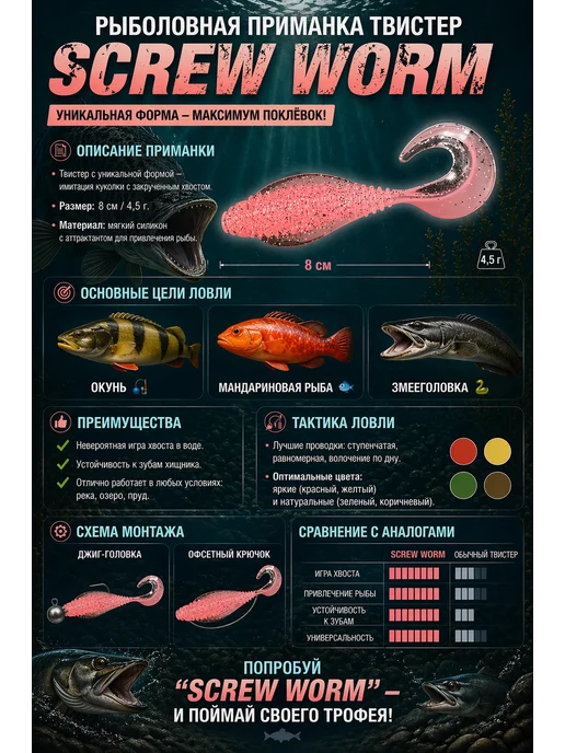 Нет бренда Мягкая приманка Твистер Screw Worm на окуня, 8см, 4.5г, 4,5 г, фото 2