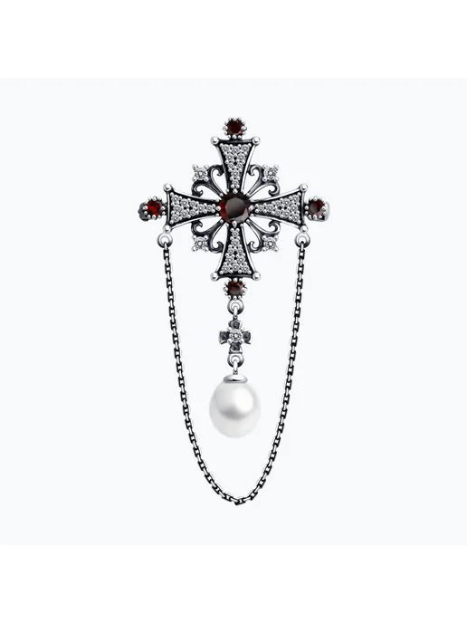 JEWELRY Брошь серебряная 925 готическая с гранатом на пиджак, серебристый