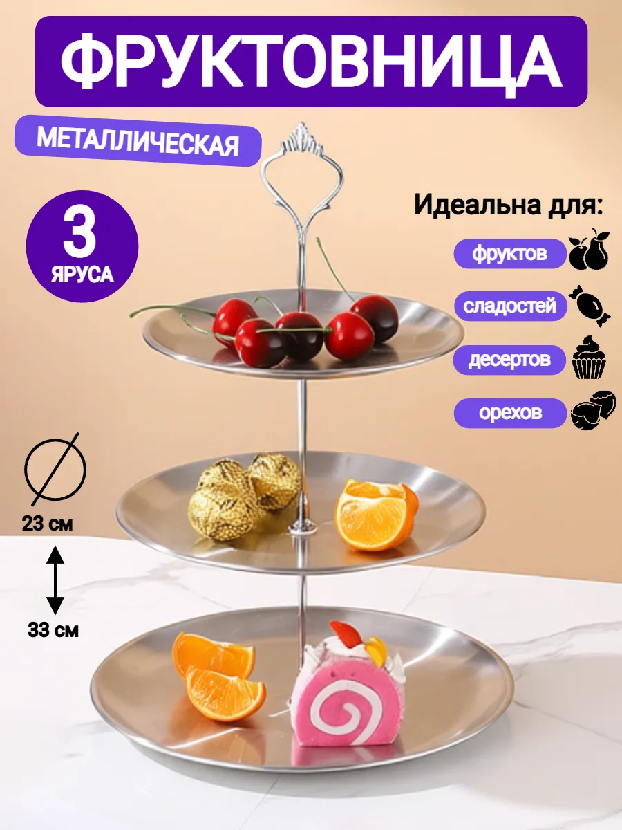 Фруктовница для фруктов ваза трехъярусная металлическая