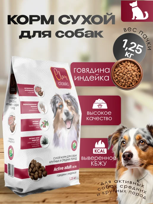 Сухой корм Clan Classic Active Активных для собак, крупные, средние, 1,3 кг