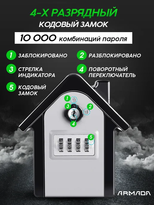 Сейф для ключей и денег с кодовым замком ключница, черный, фото 2