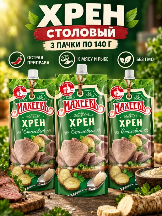 МахеевЪ Хрен 3 пачки по 140 грамм столовый, 3 пачки