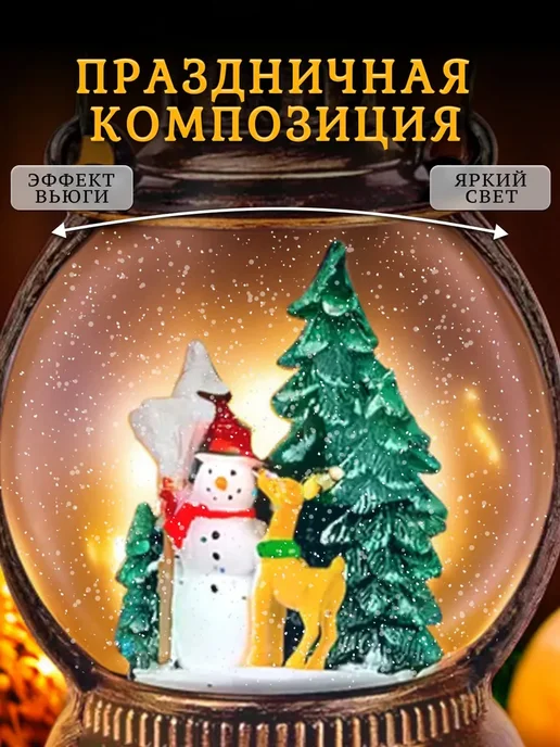 Новогодние товары OLYA Новогодний подарок фонарь со снегом, желтый, фото 2
