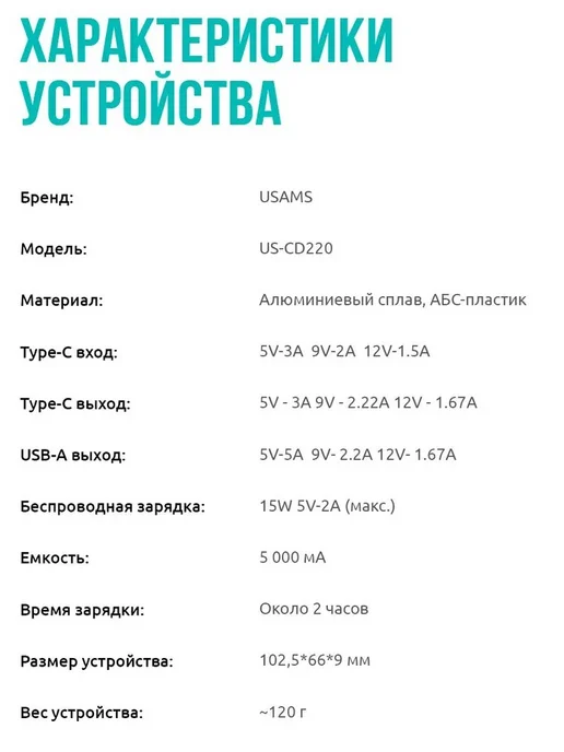 USAMS Внешний аккумулятор повербанк MagSafe 5000 мАч 20W, 5000 мАч, 20 Вт, фото 2