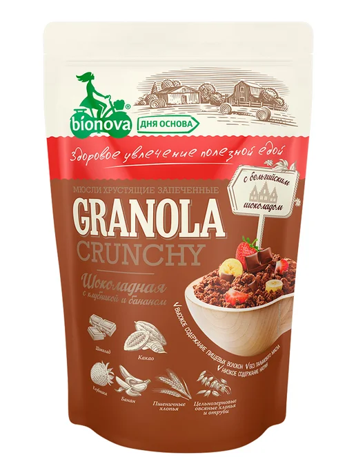 Bionova Гранола Шоколадная с клубникой и бананом, 400г, 400 г
