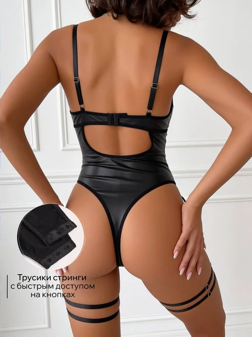 BP. Боди эротик кожа 18+ кружевное бельё корсетное, черный, фото 6