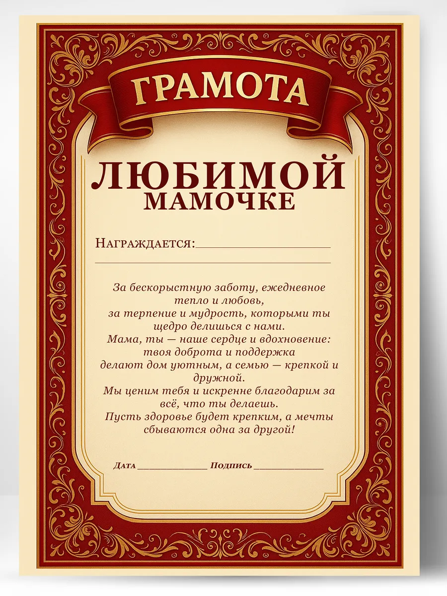 Сувенирный диплом грамота для мамы в подарок