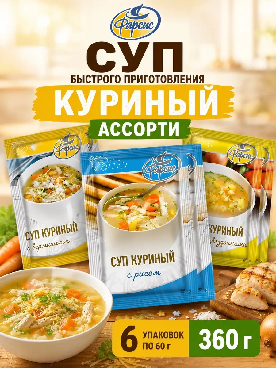 Суп быстрого приготовления куриный ассорти 360 г 6 упаковок