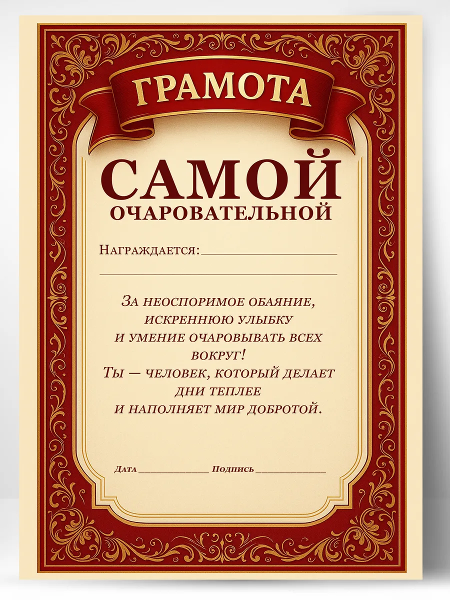 Грамота диплом в подарок - Самой очаровательной