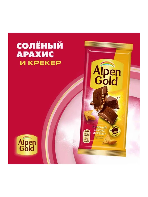 Шоколад молочный Alpen Gold с соленым арахисом и крекером, 8, золотой, фото 5