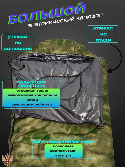 Борей Спальный мешок туристический -30С с фольгой, зеленый, фото 4