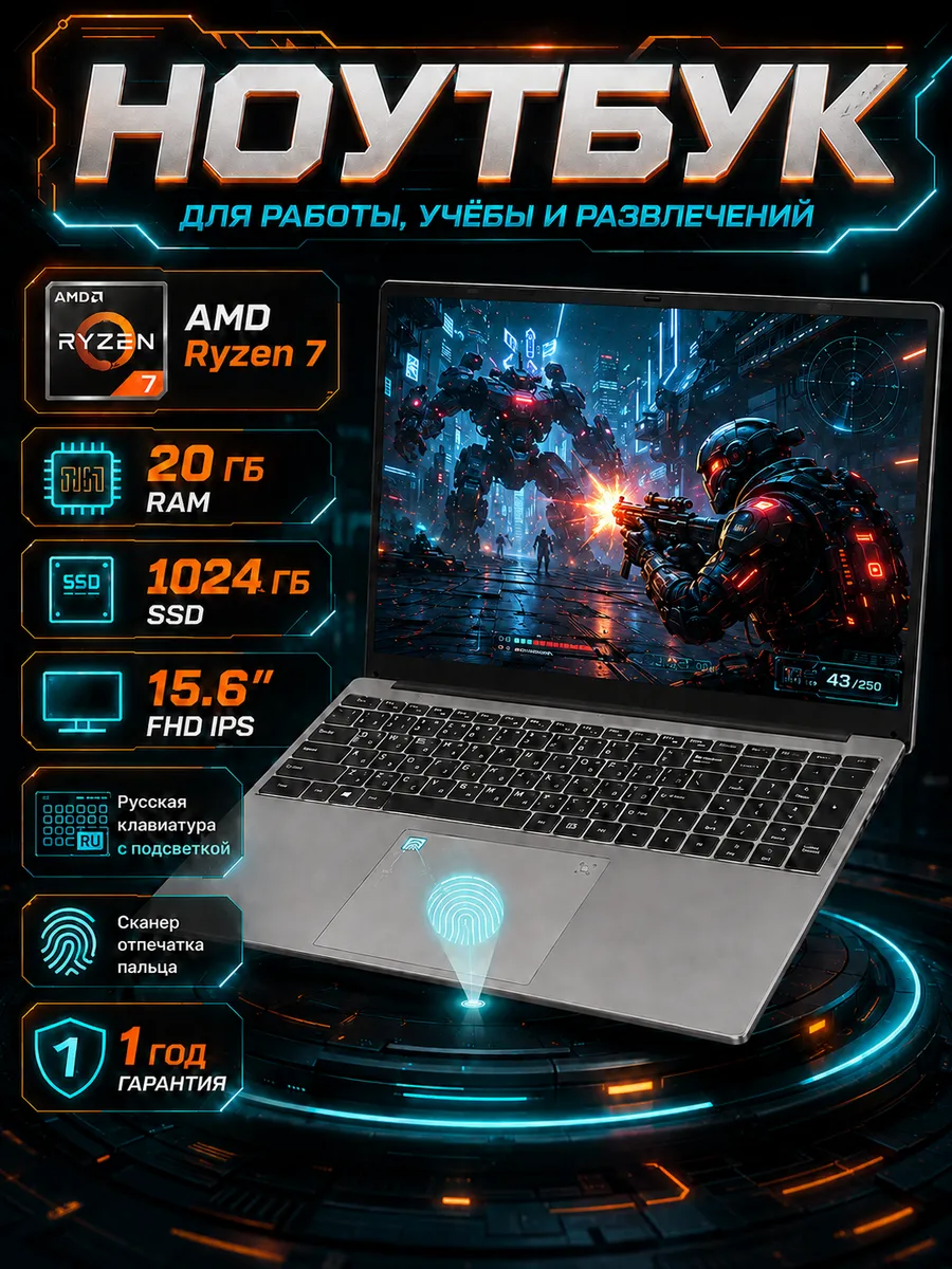 Ноутбук для работы AMD-R7 15.6' 20GB DDR4, 1024GB