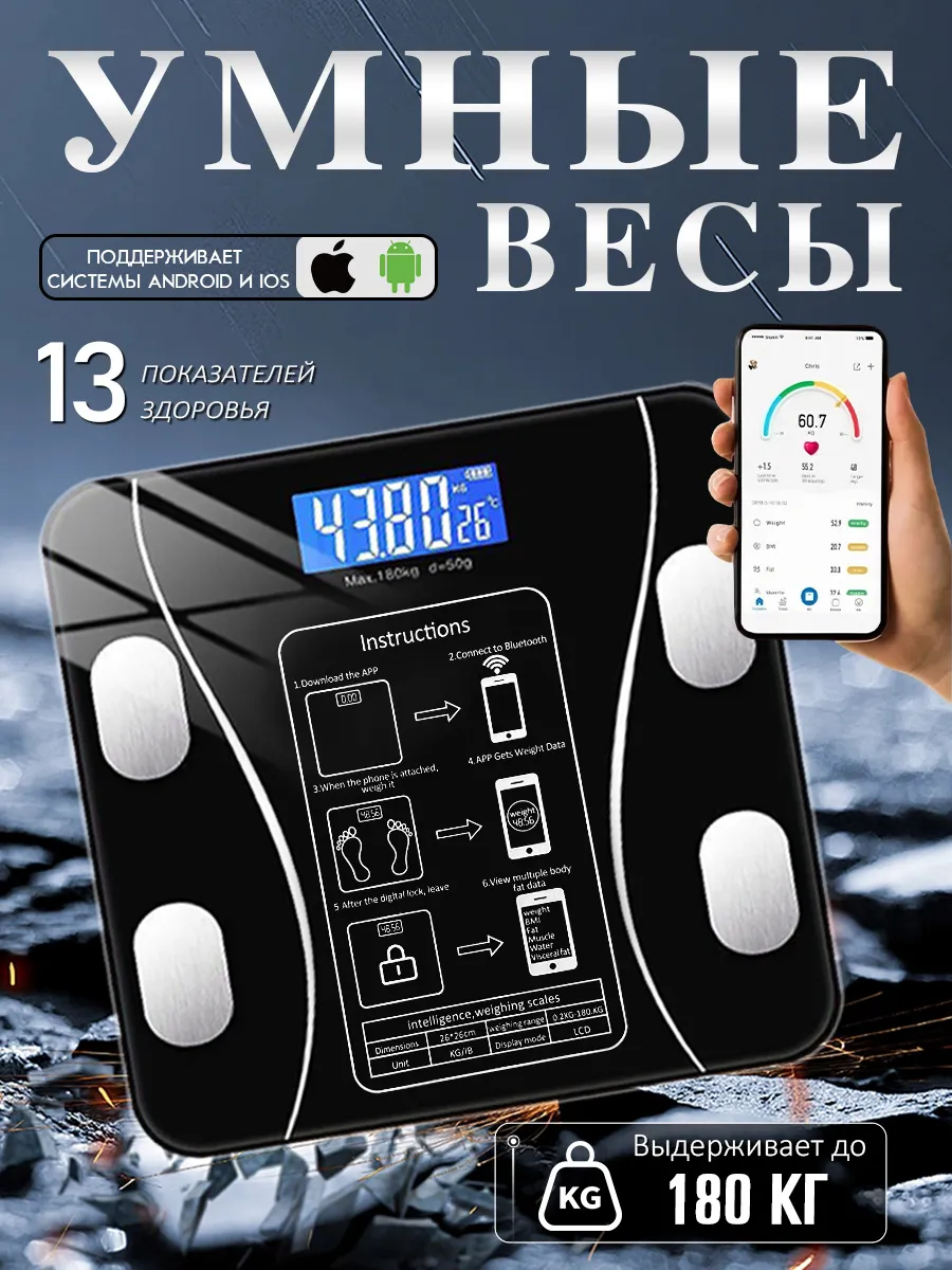 Весы напольные электронные с приложением для дома 180 кг