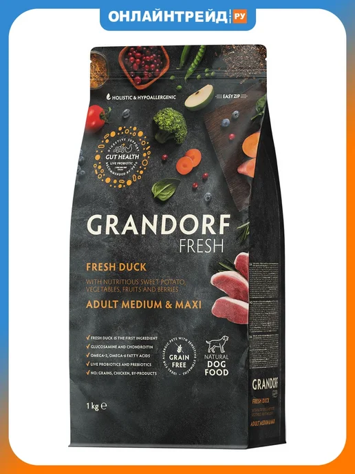 Сухой корм Grandorf' Sweet Potato для собак, взрослые, крупные, средние, мясо, утка, 1,035 кг