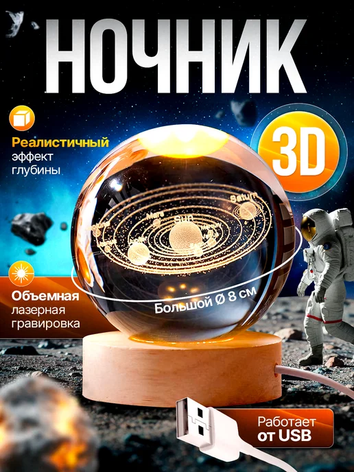 SFERA3D Ночник детский светодиодный стеклянный шар светильник, белый