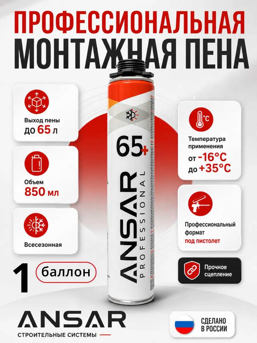 Пена монтажная под пистолет всесезонная Ансар 65 1 шт
