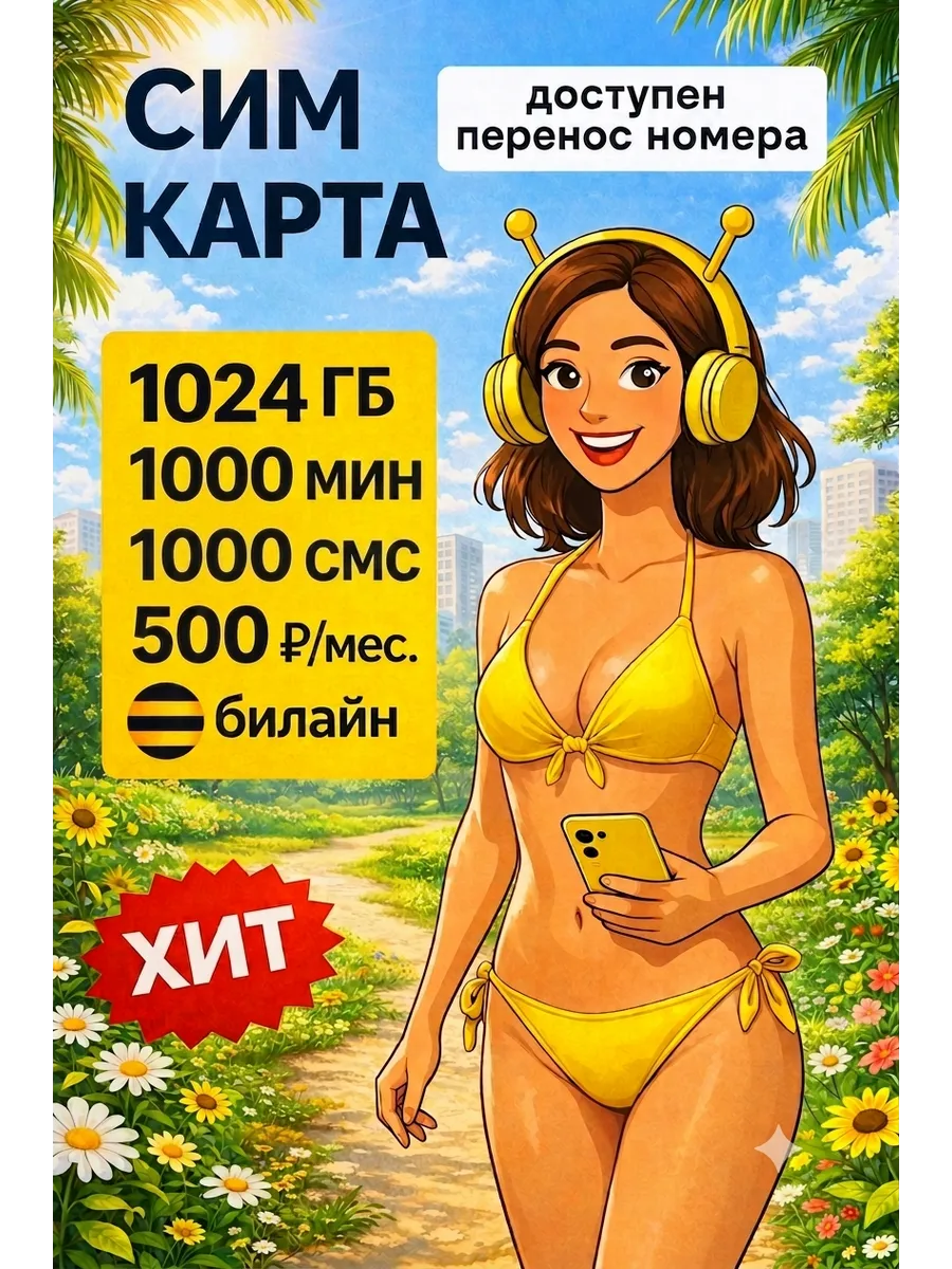 Сим-карта билайн, 1ТБ, 1000 минут (Вся Россия)