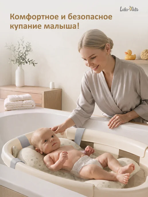 LaLa-Kids Ванночка для купания новорожденных складная «Капелька», бежевый, фото 2