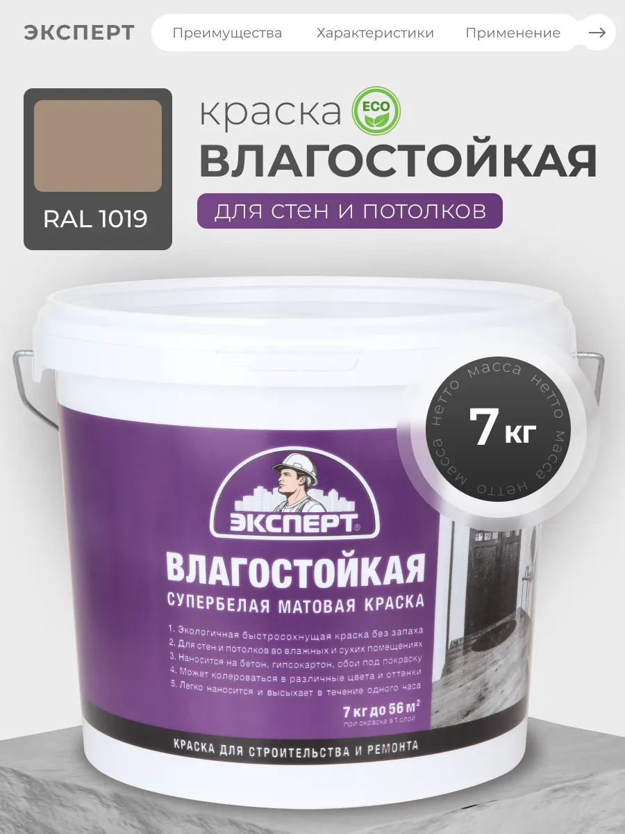 Краска влагостойкая для стен и потолков, RAL 1019, 7 кг