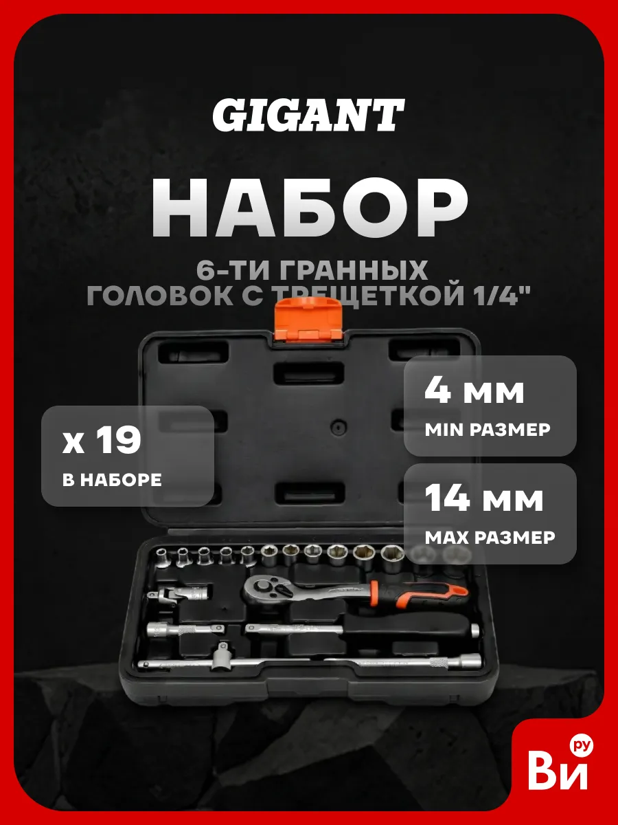 Набор 6-ти гранных головок с трещоткой 1/4" 19 пр.