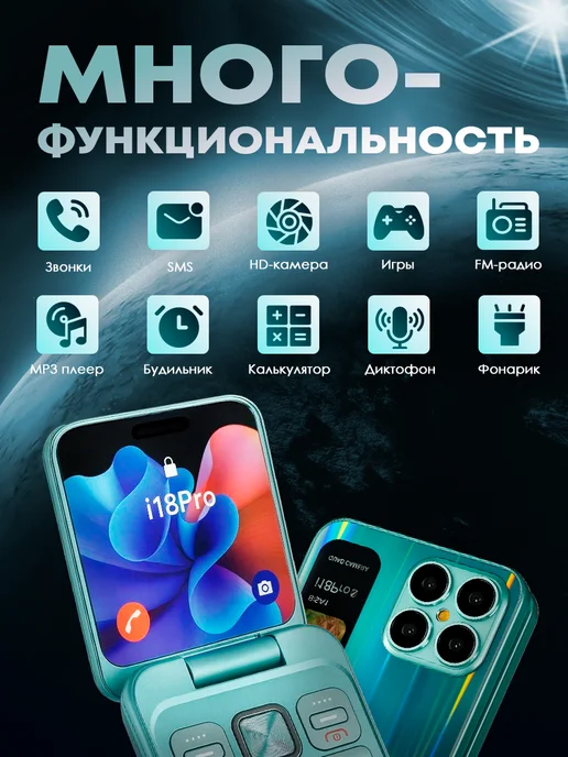 TexnoParts Мини телефон раскладушка кнопочный с камерой фиолетовый, голубой, бирюзовый, фото 7